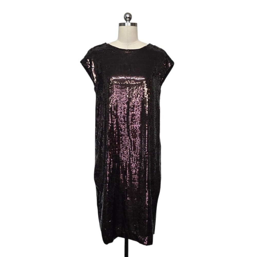 Maeve Anthropologie Sequin Sheath Dress Bronze Burgundy V-Back Size Small